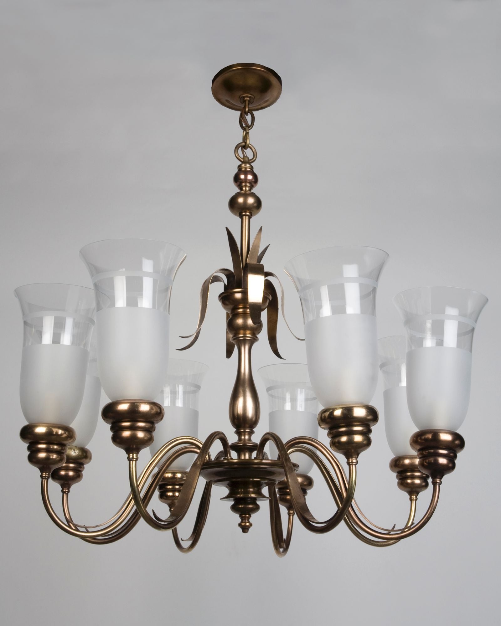 E. F. Caldwell Chandelier with Frosted Hurricane Glass Shades (ahl3551