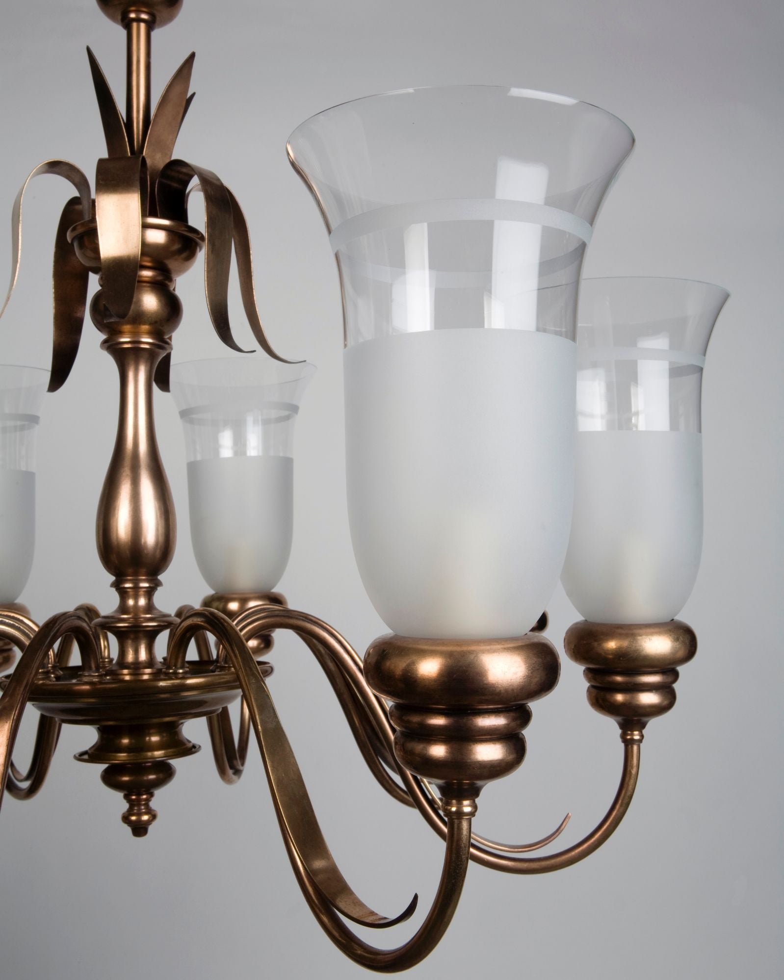 E. F. Caldwell Chandelier with Frosted Hurricane Glass Shades (ahl3551
