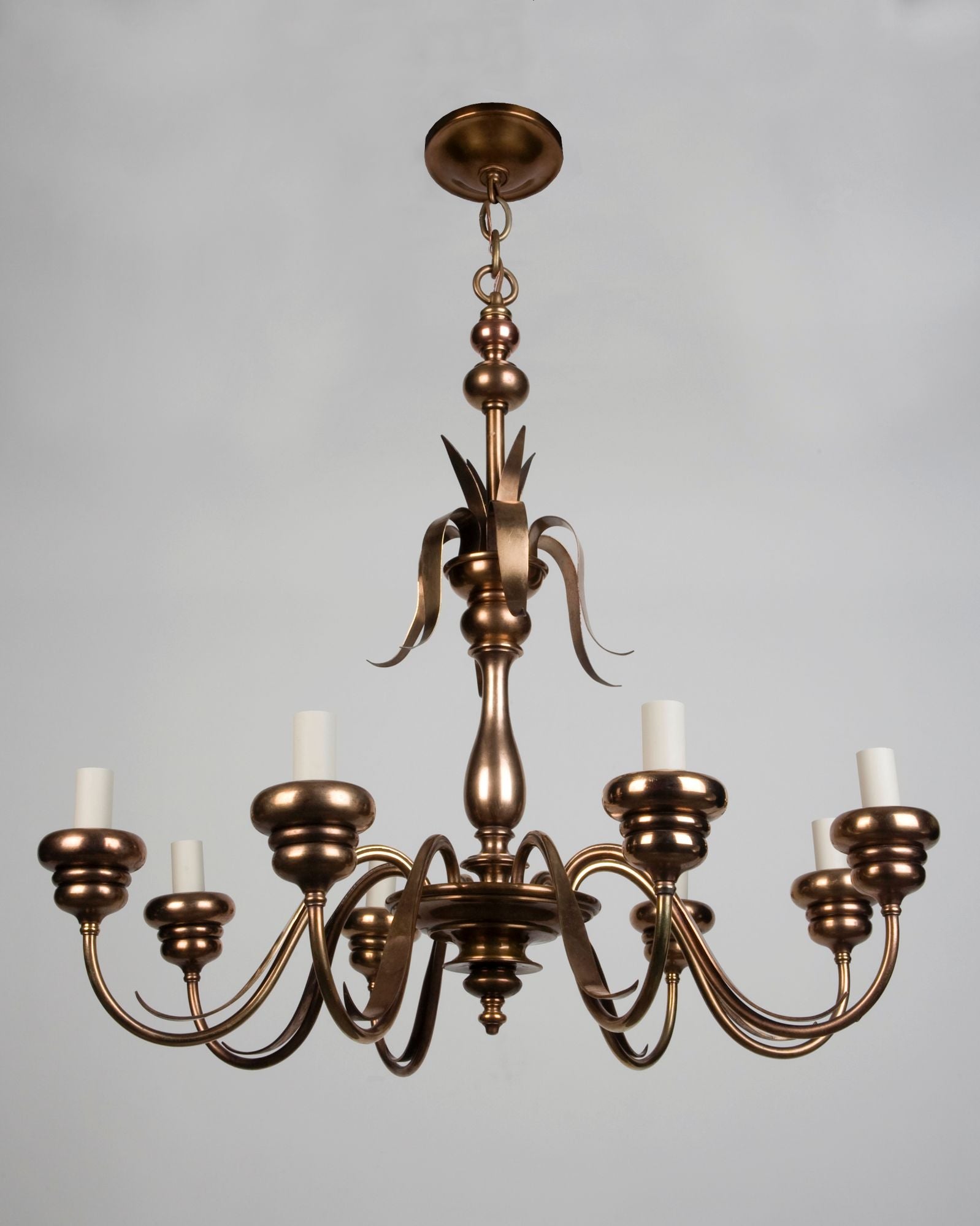 E. F. Caldwell Chandelier with Frosted Hurricane Glass Shades (ahl3551